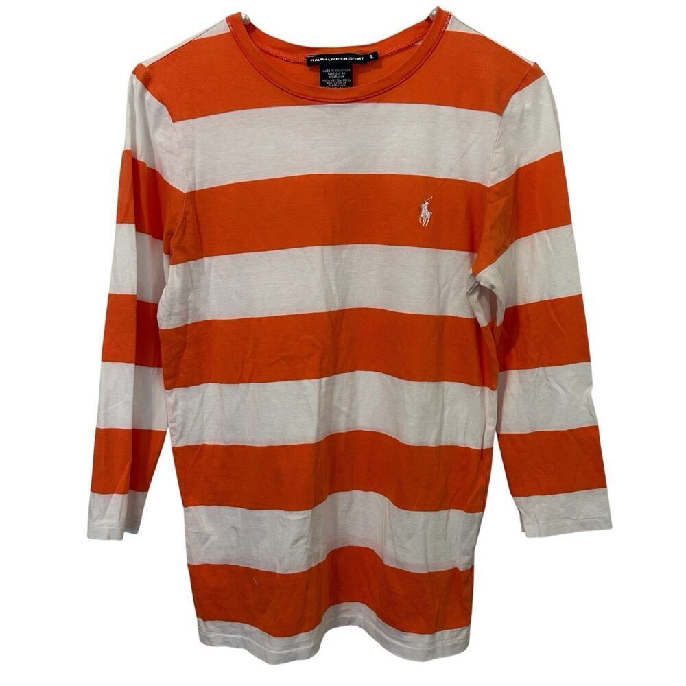 Ralph Lauren Women's Long Sleeve Striped Tee in Orange and White
